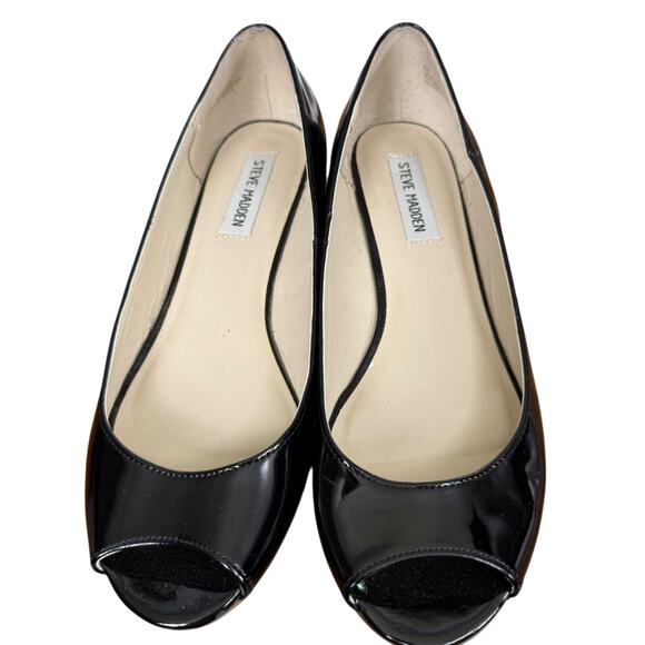 Steve Madden Open Toe Peep Patent Leather Black Stacked Wedge Shoes Pumps sz 8 - Picture 6 of 16